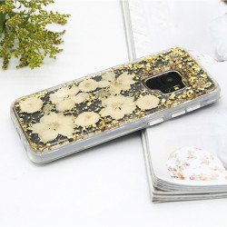 Galaxy S9 Luxury Glitter Dried Natural Flower Petal Clear Hybrid Case (Gold Yellow)